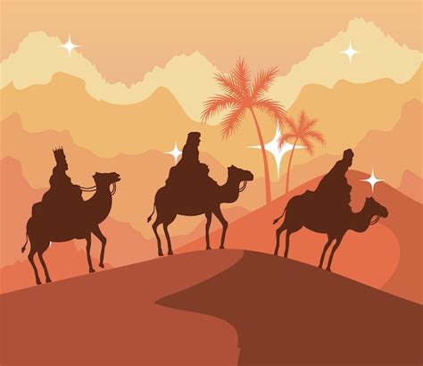 Natividad Tres Reyes Magos En El Desierto En El Diseño De Fondo Naranja