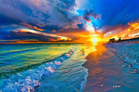 Pensacola Florida Beach Waves Sun Burst Shoreline Photograph By Eszra