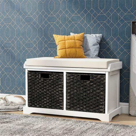Rustic Storage Bench With 2 Removable Classic Fabric Basket Entryway