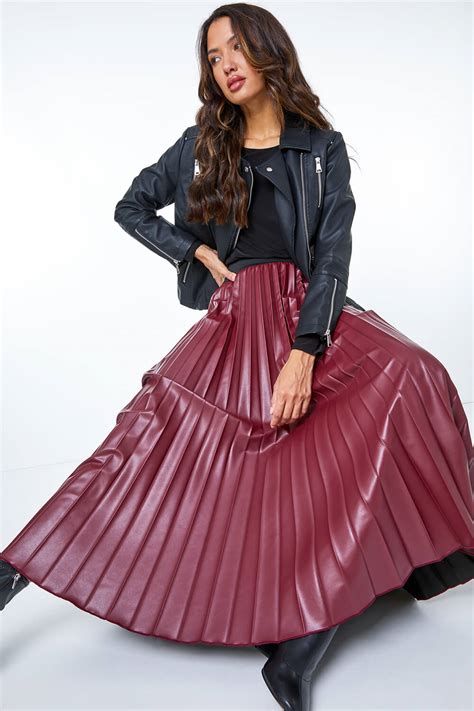 faux leather pleated maxi skirt in red roman originals uk