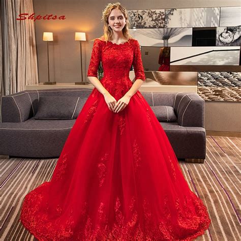 Red Lace Wedding Dresses With Sleeves A Line Tulle Plus Size Sequin