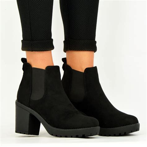 ladies womens black ankle chelsea boots chunky block heels platform shoes size ebay
