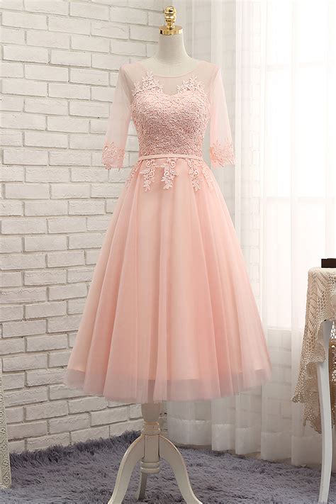 Cute Light Pink Tea Length Tulle Prom Dresses Lace Up Party Dresses