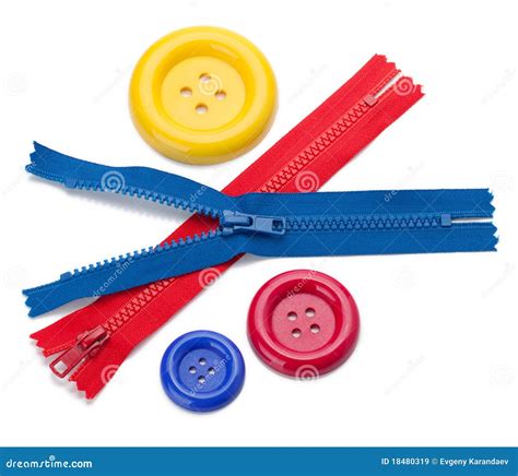 Three Colored Sewing Buttons And Two Zippers Stock Image Image Of