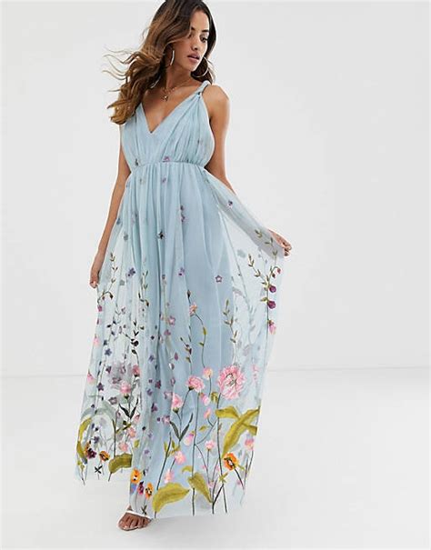 asos design tulle maxi dress with delicate floral embroidery and twist straps asos