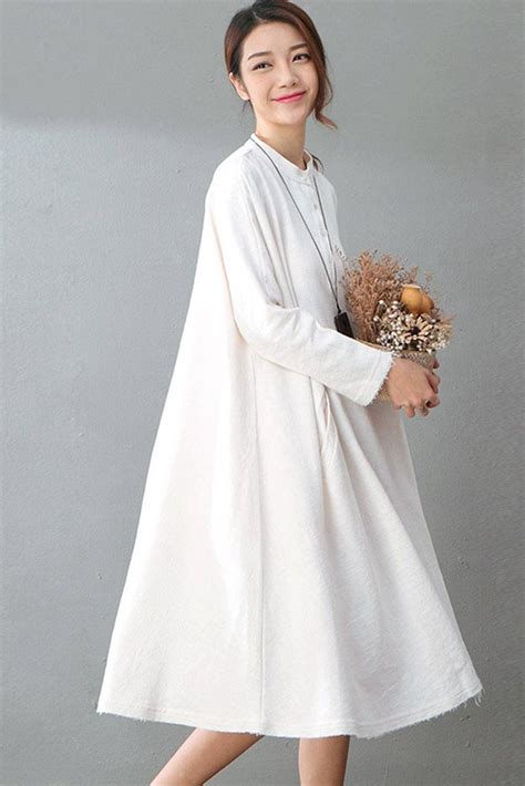 Spring White Casual Cotton Linen Dresses Long Sleeve Shirt