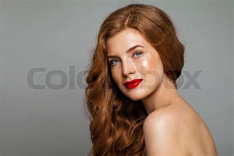 pretty redhead woman face red head girl with curly hairstyle ginger hair red lips makeup