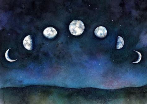 Print 5 X 7 Moon Phases Art Watercolor Print Lunar Night Sky