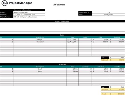 Job Estimate Template For Excel Free Download