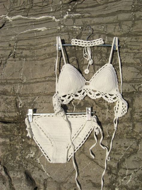 crochet bikini set and white choker in milky white bikini crochet swimsuit crochet beachwear