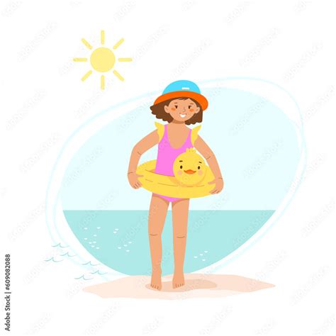 Cute Little Girl In Bright Swimsuit Sun Hat On The Beach Near Water