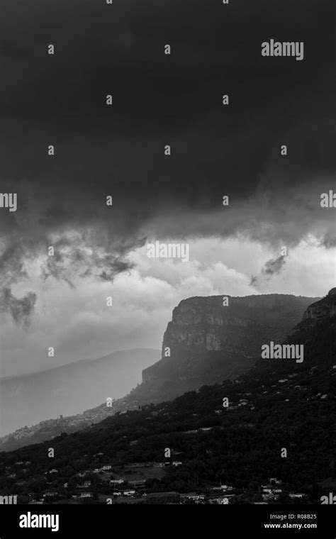Dramatic Mountain Landscape Before Storm Black And White Stock Photo