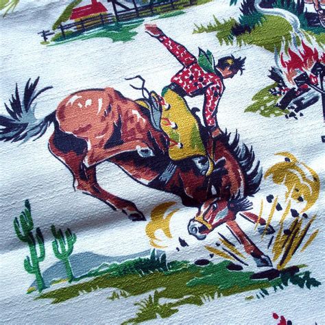 1950s Vintage Barkcloth Fabric Western Cowboy Print Rodeo