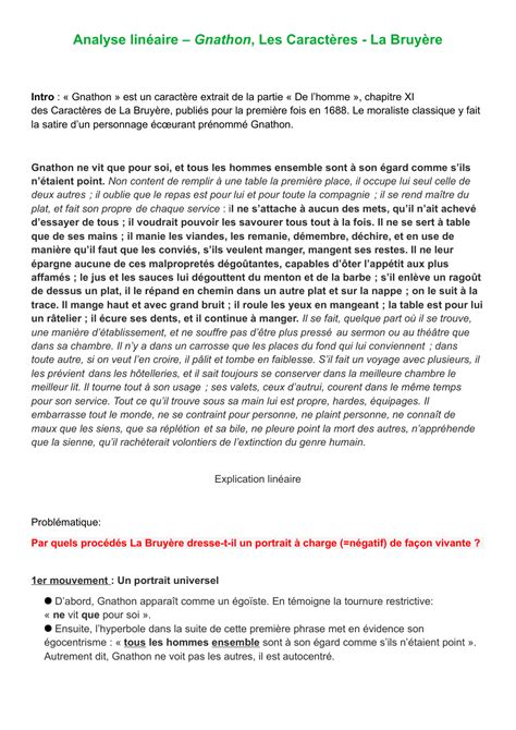Analyse linéaire - Gnathon La Bruyère Les Caractères