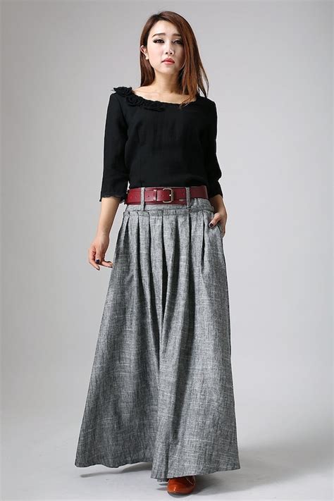 Grey Maxi Skirt Long Linen Skirt Pleat Skirt Woman Etsy