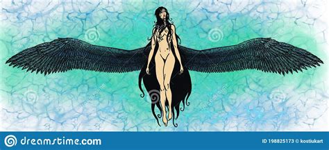 Black Haired Angel Girl With Black Wings On The Background Of Glare Of Water Stock Illustration