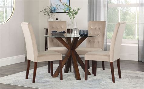 Hatton Round Dark Wood And Glass Dining Table With 4 Regent Mink Velvet Chairs Furniture Choice