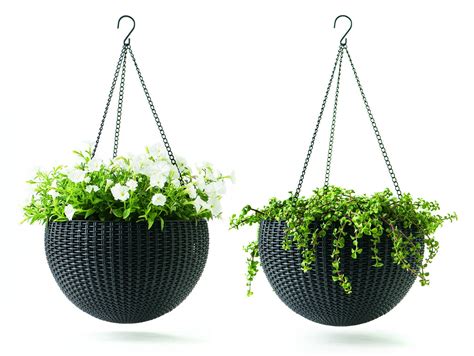 Keter Resin Rattan Set of 2 Round Hanging Planter Baskets for Indoor