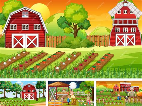 Cuatro Escenas De Granja Diferentes Con Animales Vector Gratis