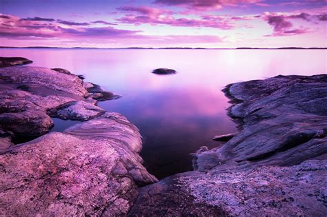 Sunset Wallpaper 4k Scenery Rocks Lake Purple Sky