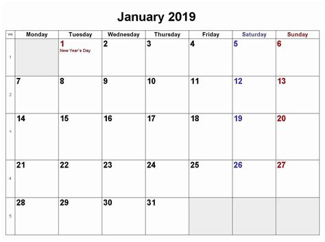 2019 Monthly Calendar Word Unique January 2019 Calendar Download In