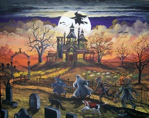 Spooky Lane By Ron Byrum ~ Folk Art Halloween Witch Haunted House