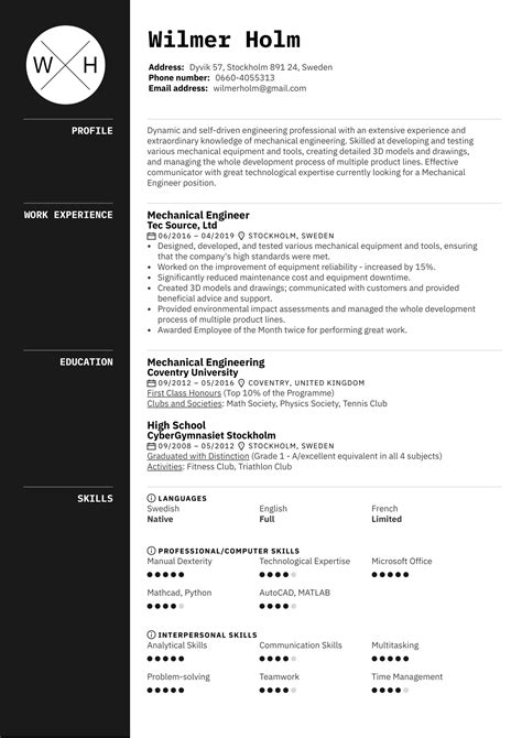 Mechanical Engineer Resume Sample Kickresume