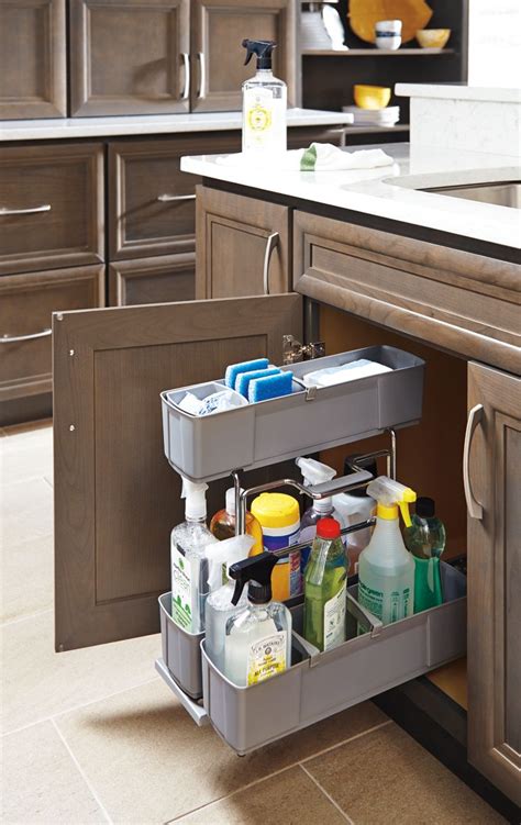 Modern white kitchen clean interior design. Organized cleaning supplies inside your kitchen cabinets ...
