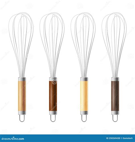 Vector Realistic 3d Metal And Wooden Wire Steel Whisk Icon Set Closeup