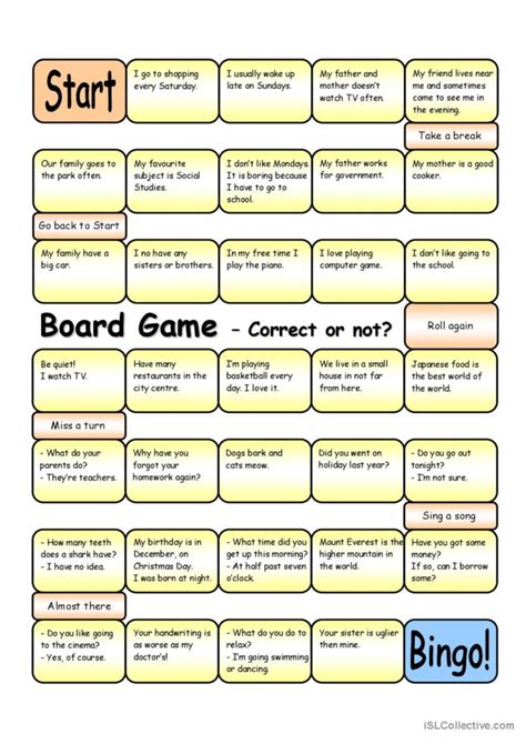 Board Game Correct Or Not Elemen English Esl Worksheets Pdf And Doc
