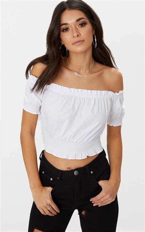 White Ruched Sleeve Bardot Crop Top Tops Prettylittlething