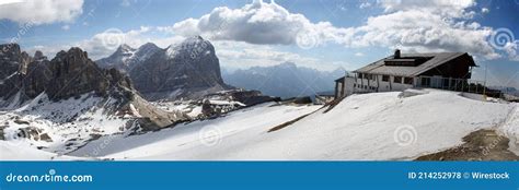 Rifugio Lagazuoi Cable Car Station Dolomites At Sunset Falzarego