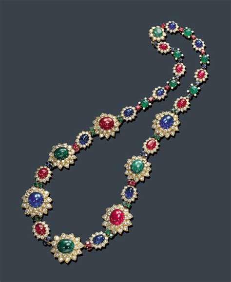 A Cabochon Ruby Sapphire Emerald Diamond And Gold Necklace Van