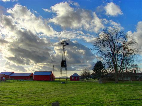 Windmill And Barns Colorful Windmill Grass Colors Sky Clouds
