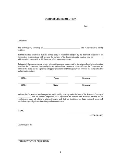 Corporate Resolution Signing Authority Template