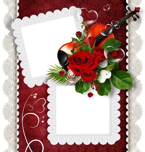Romantic Double Transparent Png Frame With Violin And Rose Romantic