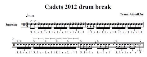 Download and print in pdf or midi free sheet music for drumline cadence by cole benesch arranged by freshchimpz for snare drum, bass drum, tenor drum (percussion trio). Percussion and Drum Stuff: Cadets Sheet Music: 2012 Snare Break