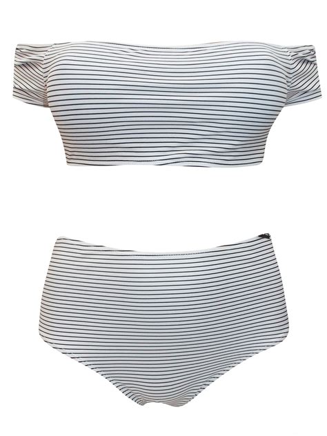 Boohoo B00h00 Black White Striped Bardot High Waist Bikini Set Plus Size 16 To 24