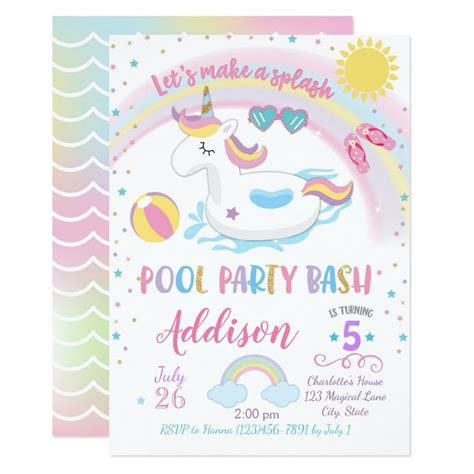 Unicorn Pool Party Birthday Invitation Zazzle Unicorn Pool Party