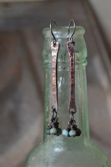 Earrings Oxidized Copper Dangle With Teal Blue Green Matte Glass Beads