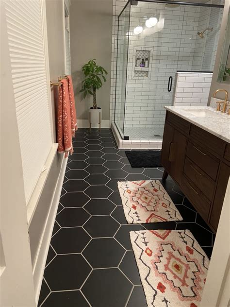 Mid Century Modern Master Bath Black Hexagon Tile With Gray Grout