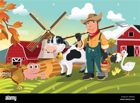 A Vector Illustration Of A Farmer At His Farm With A Bunch Of Farm