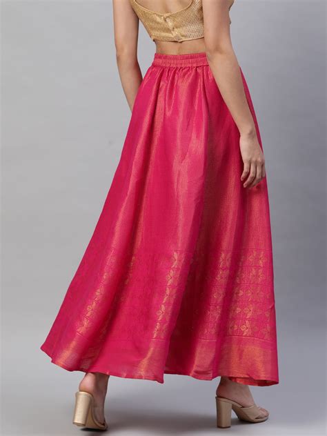 Aurelia Women Pink And Golden Striped Maxi Flared Skirt Absolutely Desi