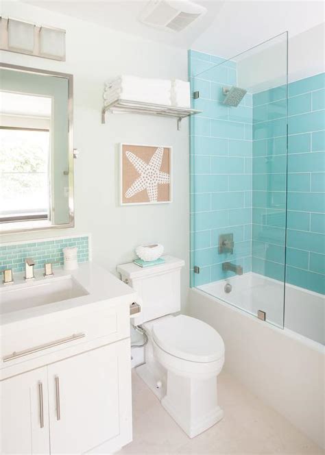 This decor includes the mirror, curtains, flooring, washbasin. Turquoise Glass Shower Tiles with Glass Partition ...