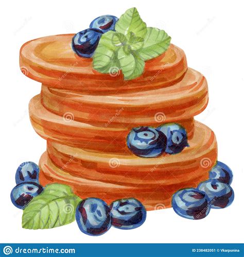 Hand Drawn Illustration Of Pancakes With Blueberries And Mint Leaf