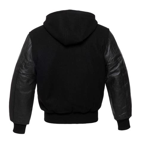 Mens Black Leather Varsity Jacket With Hooded