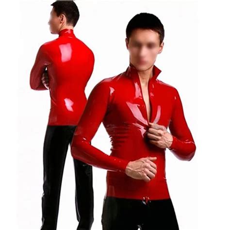 Mens Latex Stretch Coat Red Rubber Mens Top Front Zipper Latex Tight