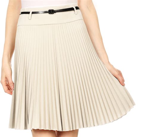 Sakkas Knee Length Pleated A Line Skirt With Skinny Belt Light Beige