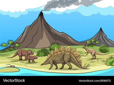 Prehistory With Dinosaurs And Volcano Royalty Free Vector