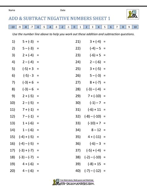 Adding And Subtracting Negative Numbers Integers Worksheet